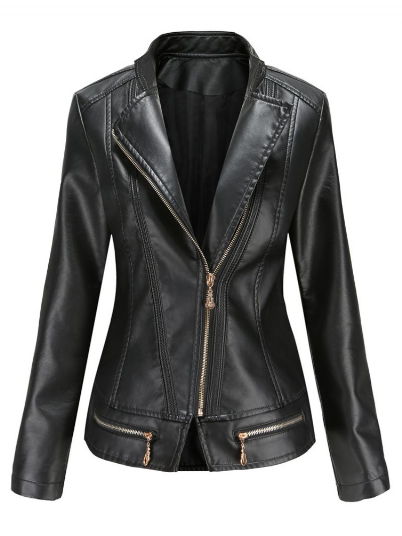 Pu Læder Moto Jacket Zip Up Spring Biker Overtøj Til Kvinder - Sort