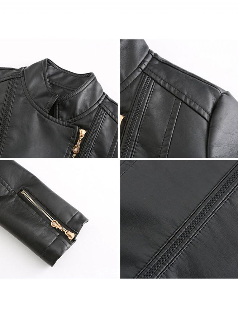 Pu Læder Moto Jacket Zip Up Spring Biker Overtøj Til Kvinder - Sort