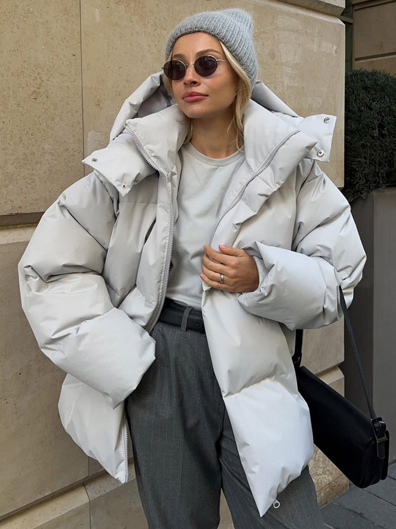 Puffer Coat Hættelynlås Ensfarvet Oversized Overtøj Til Kvinder