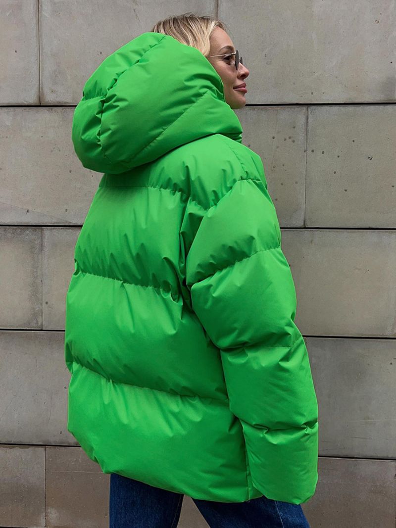 Puffer Coat Hættelynlås Ensfarvet Oversized Overtøj Til Kvinder - Grøn