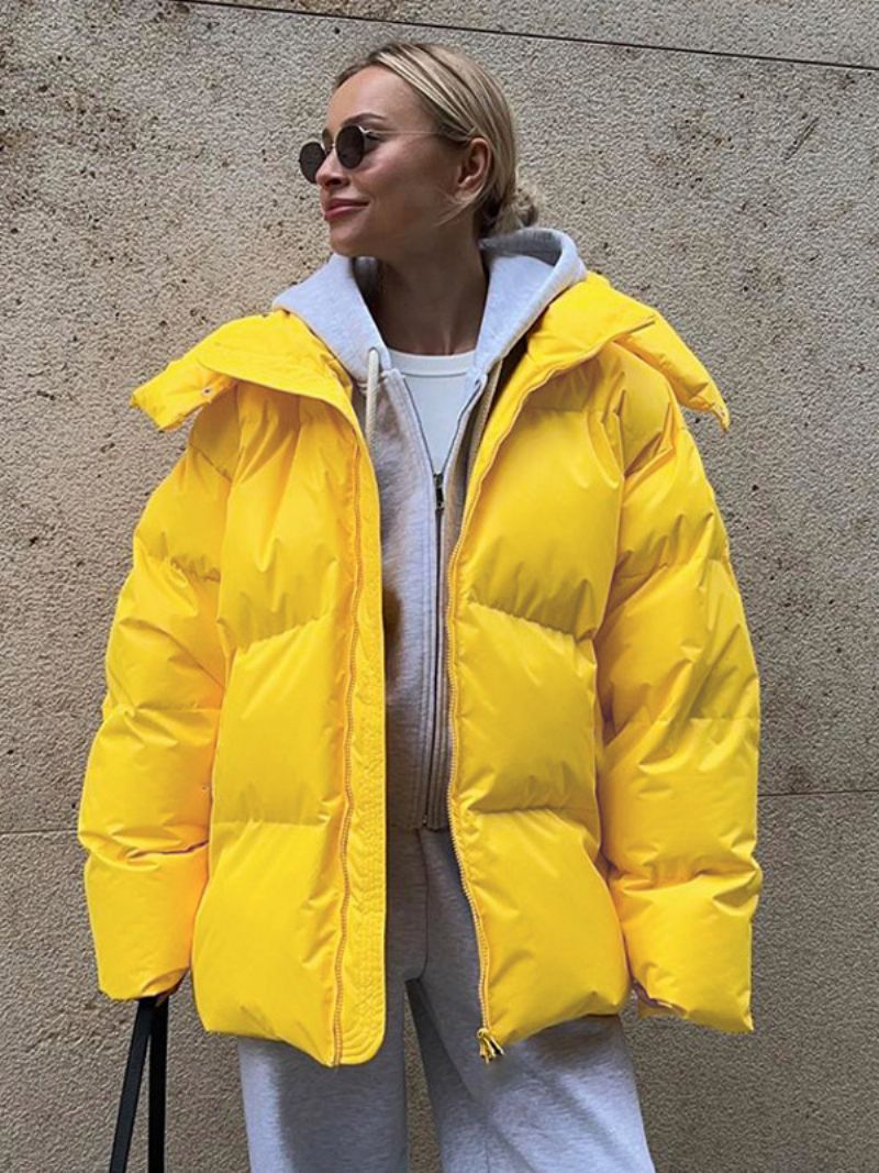 Puffer Coat Hættelynlås Ensfarvet Oversized Overtøj Til Kvinder - Gul