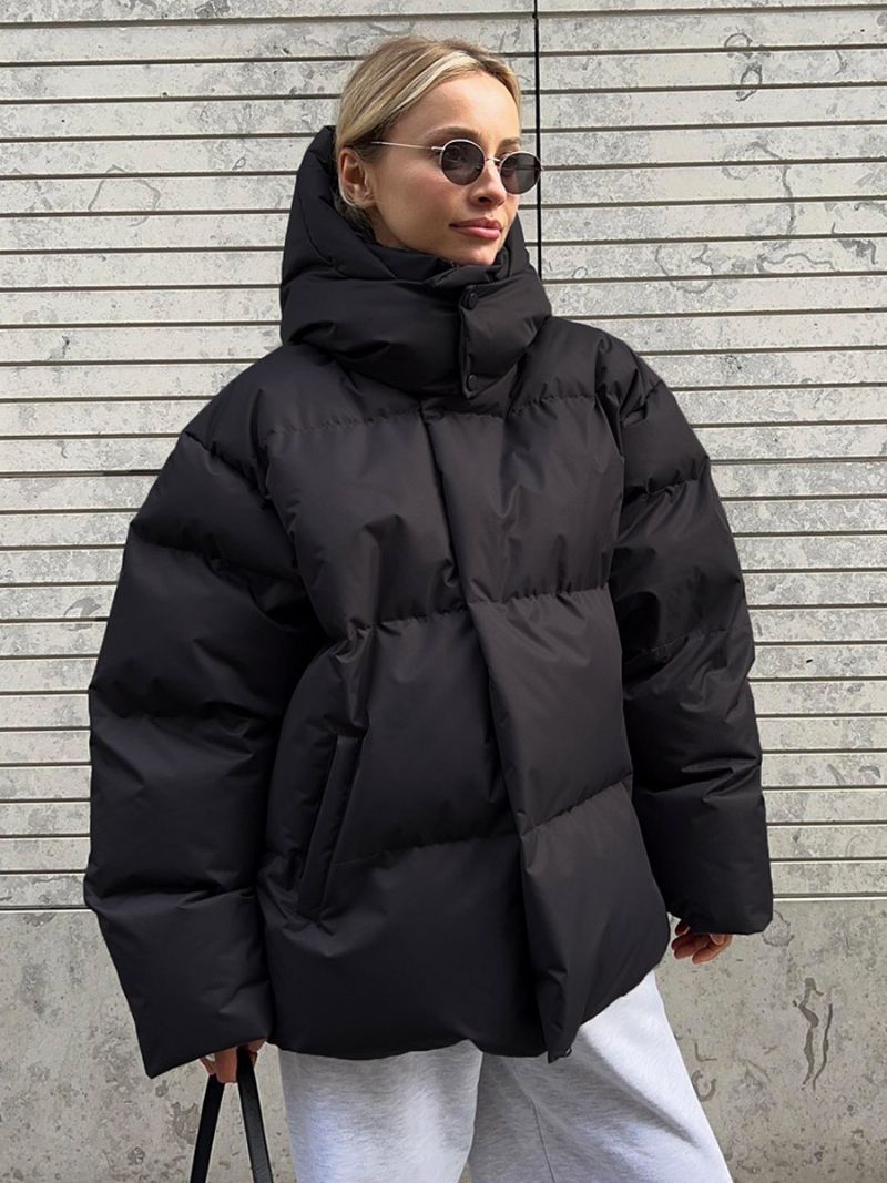 Puffer Coat Hættelynlås Ensfarvet Oversized Overtøj Til Kvinder - Sort