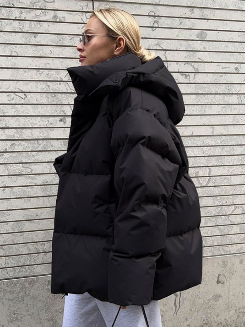 Puffer Coat Hættelynlås Ensfarvet Oversized Overtøj Til Kvinder - Sort