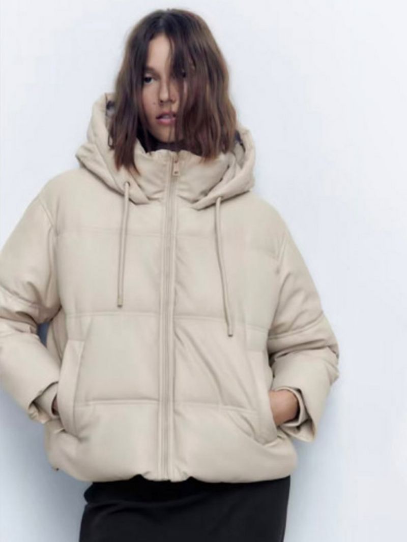 Puffer Coat Stand Krave Hodded Zip Up Skrålommer Kvinder Overtøj - Beige