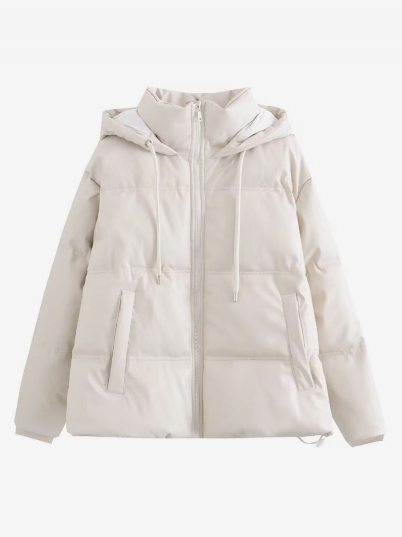 Puffer Coat Stand Krave Hodded Zip Up Skrålommer Kvinder Overtøj - Beige