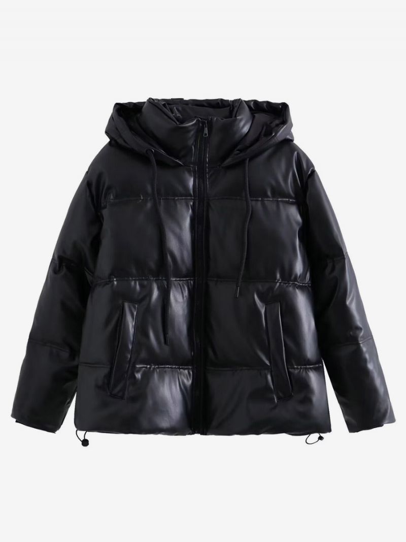 Puffer Coat Stand Krave Hodded Zip Up Skrålommer Kvinder Overtøj - Sort