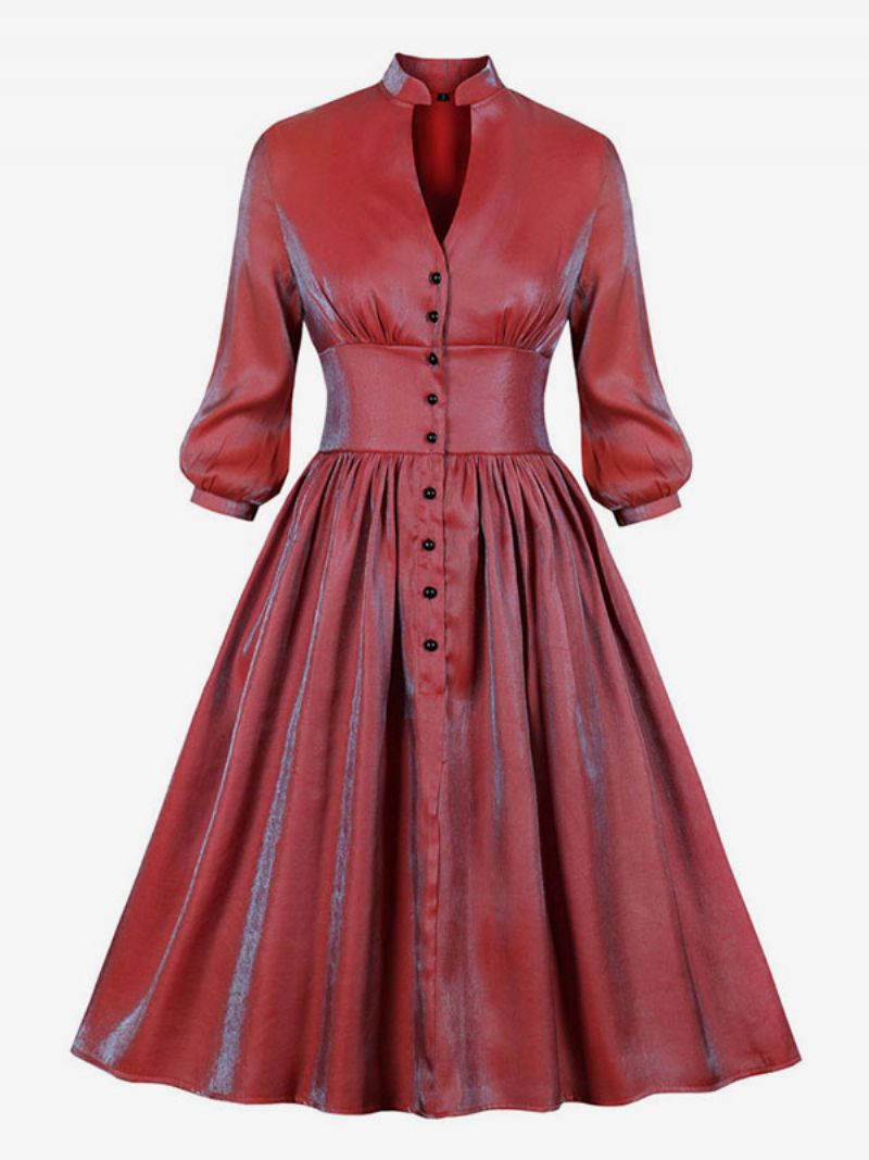 Retro-julekjole Til Kvinder 1950'erne Audrey Hepburn-stil Rød Ombre Lange Ærmer Rockabilly-kjole Med V-hals