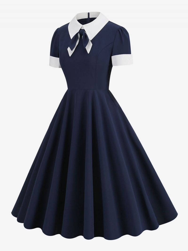 Retro Kjole 1950'erne Audrey Hepburn-stil Peter Pan-krave Med Korte Ærmer Mellem Tofarvet Swingkjole Til Kvinder - Dark Navy