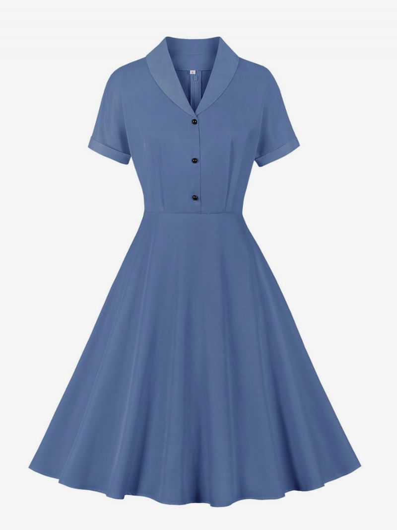 Retro Kjole 1950'erne Audrey Hepburn Stil V-hals Korte Ærmer Kvinder Knælang Rockabilly - Blå