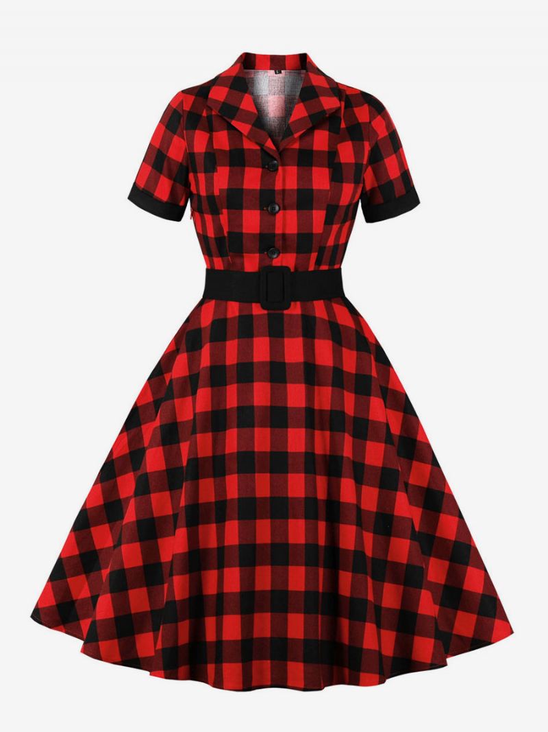 Retro Kjole 1950'erne Audrey Hepburn Style Blå Grå Kvinder Kortærmede Rockabilly - Rød