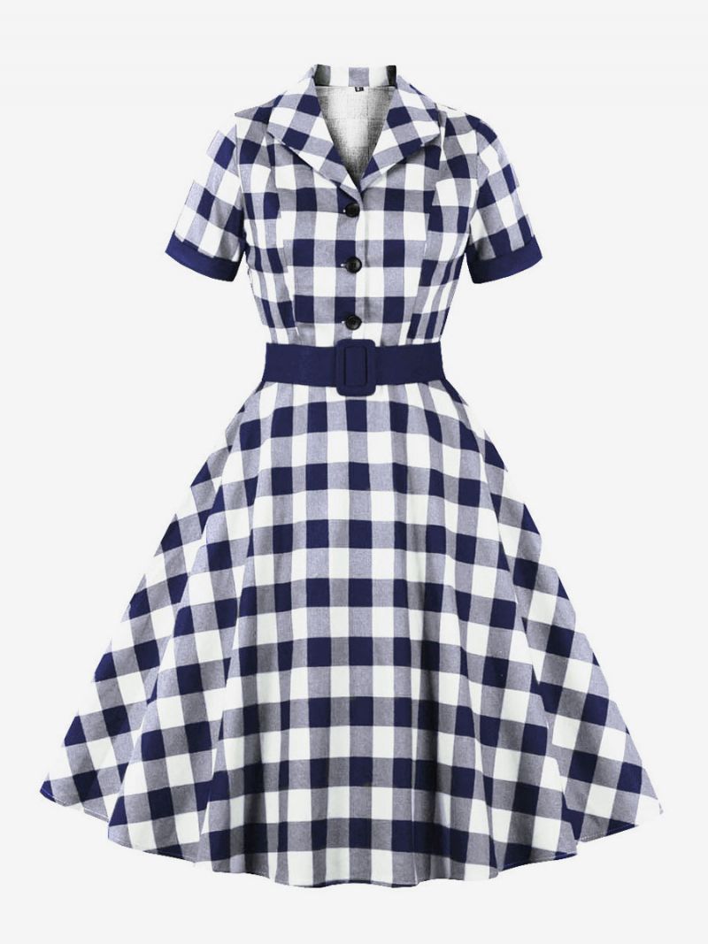 Retro Kjole 1950'erne Audrey Hepburn Style Blå Grå Kvinder Kortærmede Rockabilly - Dybblå