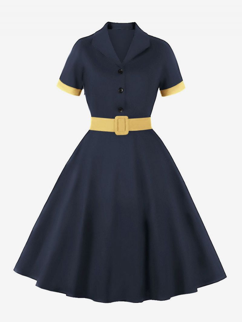 Retro Kjole 1950'erne Audrey Hepburn Style Blå Grå Kvinder Kortærmede Rockabilly - Blågrå