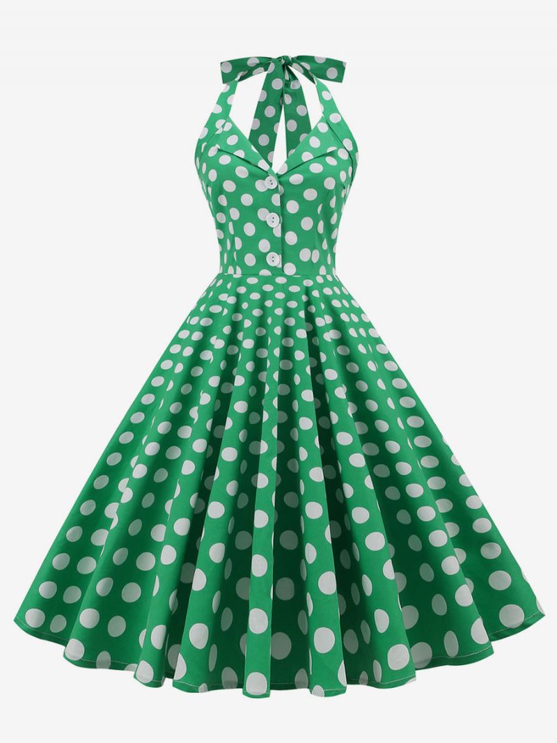 Retro Kjole 1950'erne Audrey Hepburn Style Dark Navy Polka Dot Dameknapper Ærmeløs Halter Rockabilly Dress