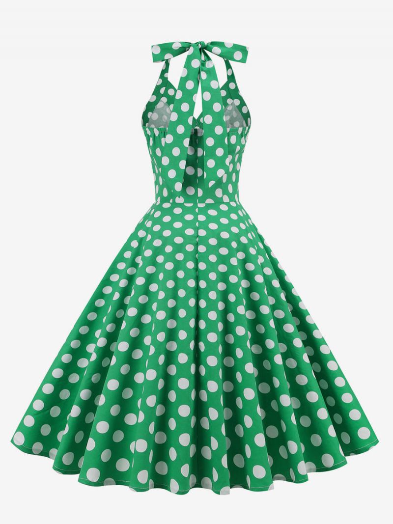 Retro Kjole 1950'erne Audrey Hepburn Style Dark Navy Polka Dot Dameknapper Ærmeløs Halter Rockabilly Dress - Grøn