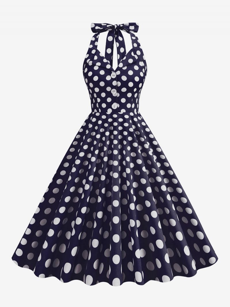 Retro Kjole 1950'erne Audrey Hepburn Style Dark Navy Polka Dot Dameknapper Ærmeløs Halter Rockabilly Dress - Mørk Navy