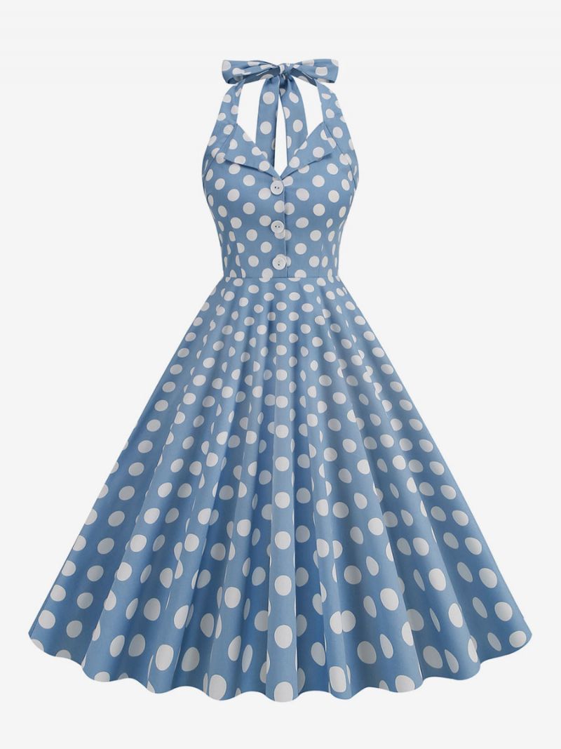 Retro Kjole 1950'erne Audrey Hepburn Style Dark Navy Polka Dot Dameknapper Ærmeløs Halter Rockabilly Dress - Lys Himmelblå