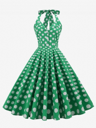 Retro Kjole 1950'erne Audrey Hepburn Style Dark Navy Polka Dot Dameknapper Ærmeløs Halter Rockabilly Dress