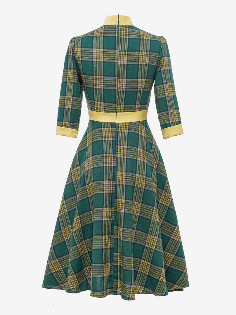 Retro Kjole 1950'erne Audrey Hepburn Style Kaffebrun Plaid Kvinders Piping Halve Ærmer Højkrave Svingkjole - Grøn