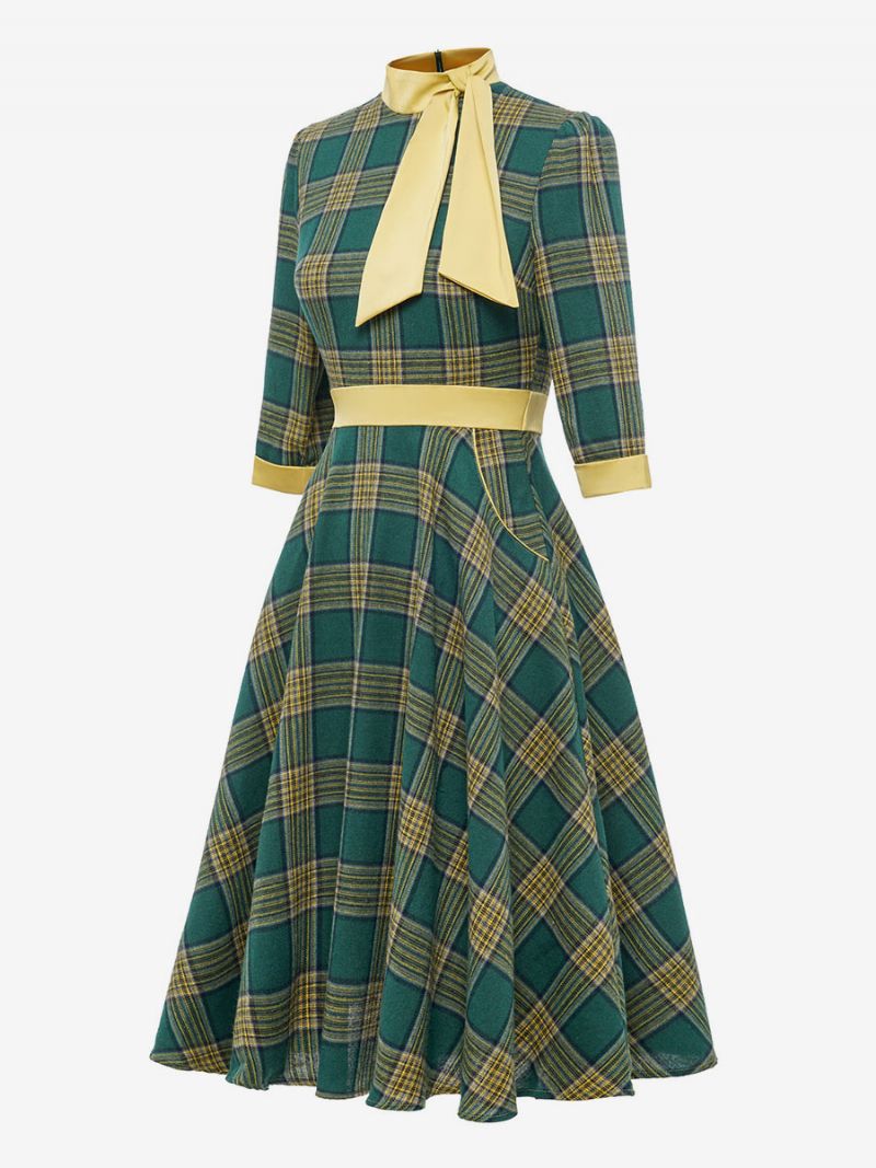 Retro Kjole 1950'erne Audrey Hepburn Style Kaffebrun Plaid Kvinders Piping Halve Ærmer Højkrave Svingkjole - Grøn