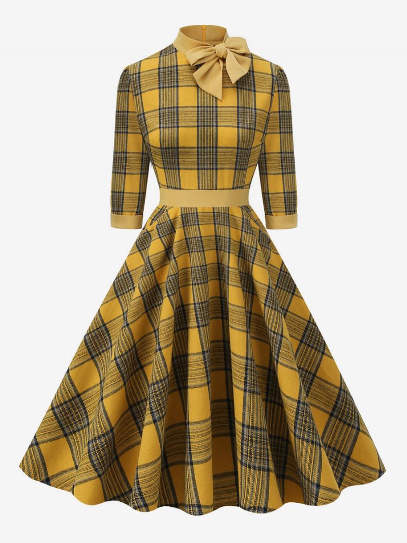 Retro Kjole 1950'erne Audrey Hepburn Style Kaffebrun Plaid Kvinders Piping Halve Ærmer Højkrave Svingkjole - Gul