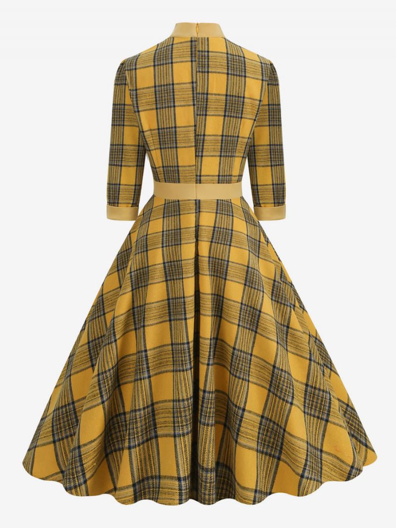 Retro Kjole 1950'erne Audrey Hepburn Style Kaffebrun Plaid Kvinders Piping Halve Ærmer Højkrave Svingkjole - Gul