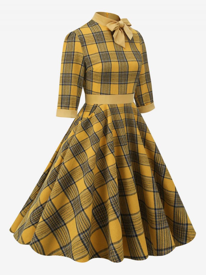 Retro Kjole 1950'erne Audrey Hepburn Style Kaffebrun Plaid Kvinders Piping Halve Ærmer Højkrave Svingkjole - Gul