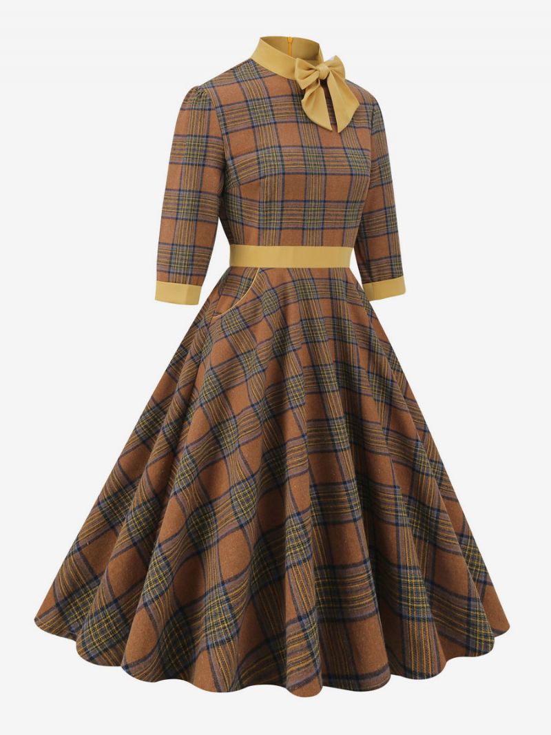 Retro Kjole 1950'erne Audrey Hepburn Style Kaffebrun Plaid Kvinders Piping Halve Ærmer Højkrave Svingkjole - Kaffe Brun