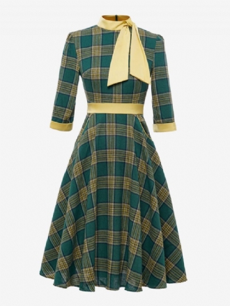 Retro Kjole 1950'erne Audrey Hepburn Style Kaffebrun Plaid Kvinders Piping Halve Ærmer Højkrave Svingkjole