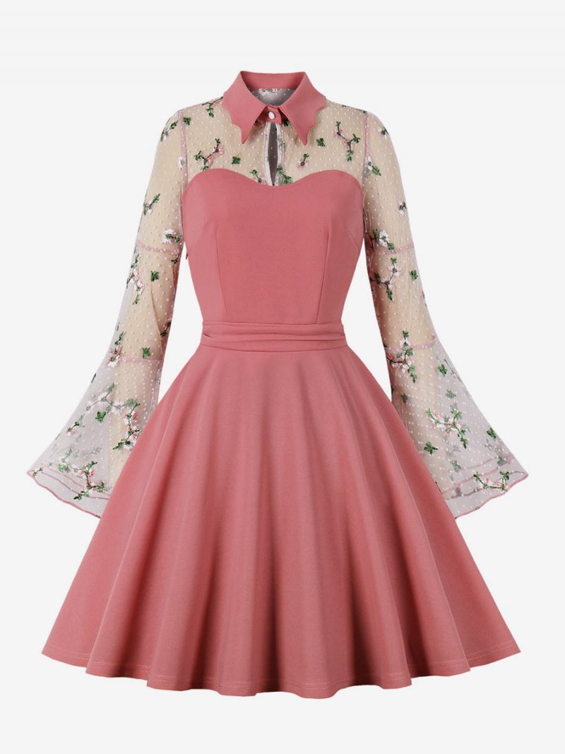 Retro Kjole 1950'erne Audrey Hepburn Style Langærmede Knælængde Tofarvet Rockabilly-kjole - Pink