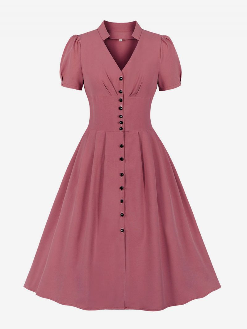 Retro Kjole 1950'erne Audrey Hepburn Style Pink Kvinder Korte Ærmer V-hals Svingkjole