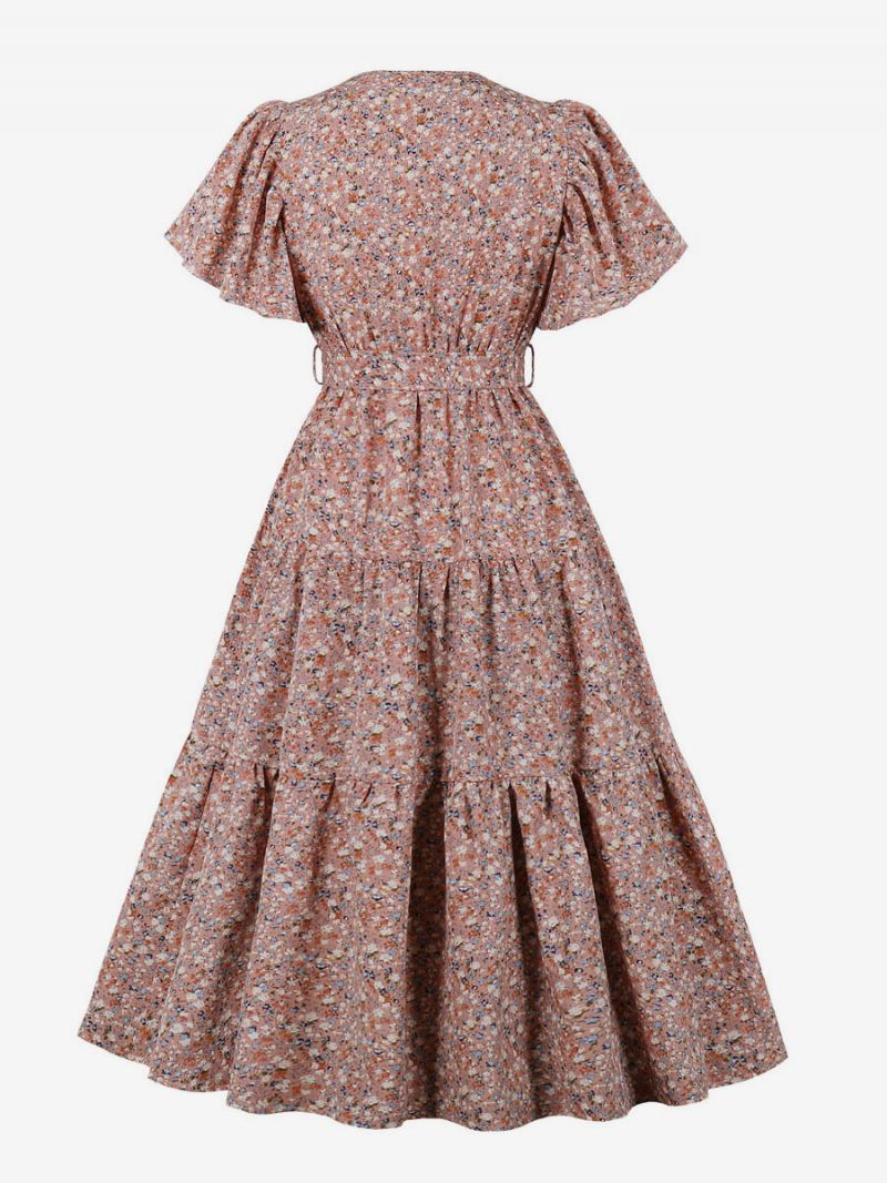 Retro Kjole Fra 1950'erne Audrey Hepburn-stil Pink Blomsterprint Kvinder Med Korte Ærmer V-hals Rockabilly-kjole - Lyserød