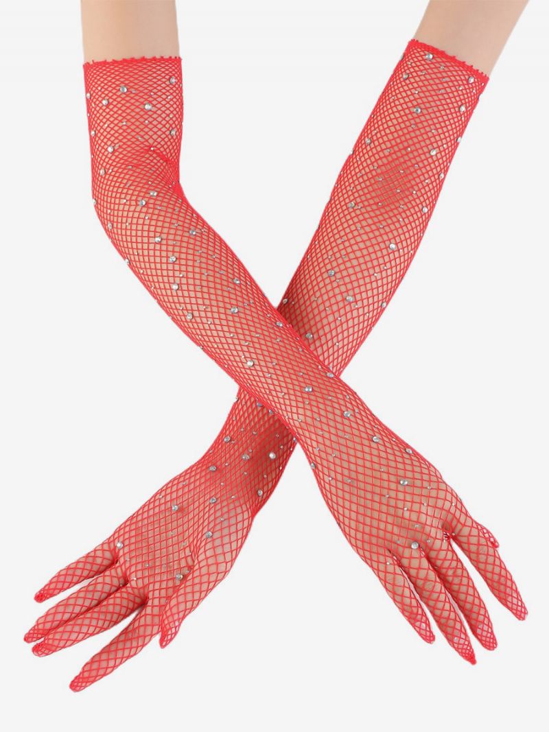 Rhinestone Mesh Arm Sleeve Bling Fishnet Lange Handsker Til Kvinder - Rød