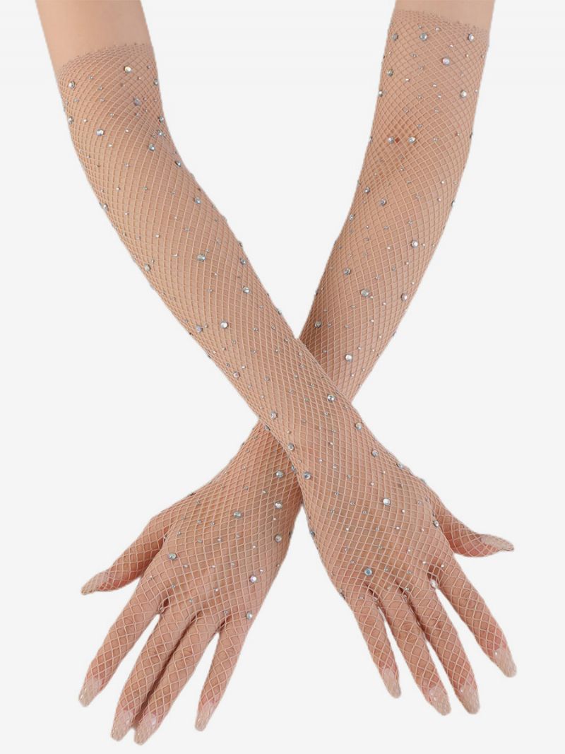 Rhinestone Mesh Arm Sleeve Bling Fishnet Lange Handsker Til Kvinder - Beige