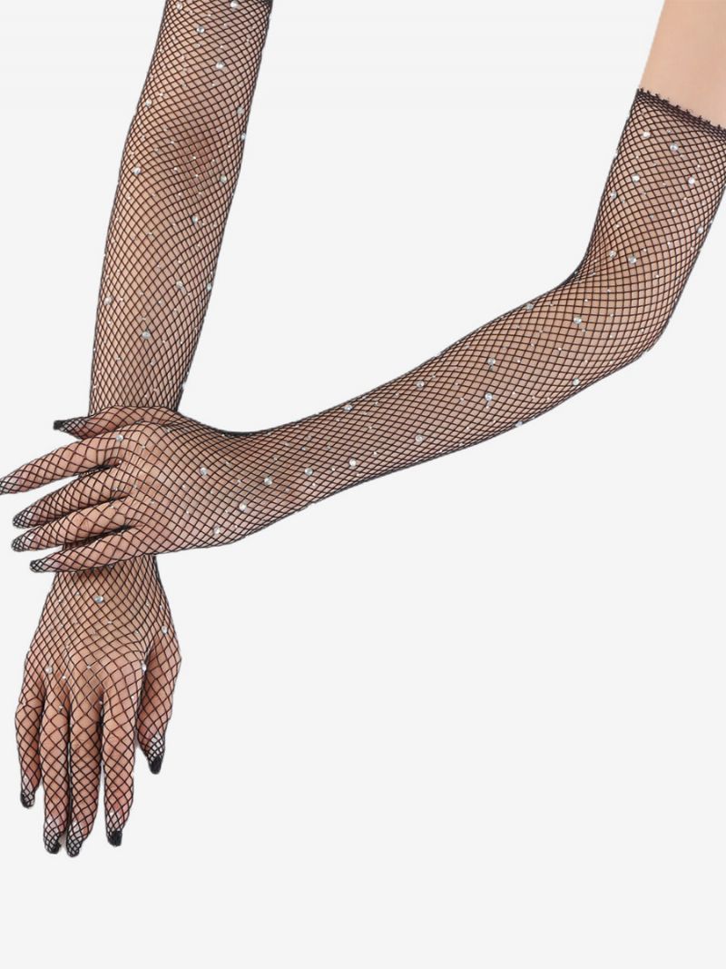 Rhinestone Mesh Arm Sleeve Bling Fishnet Lange Handsker Til Kvinder - Sort