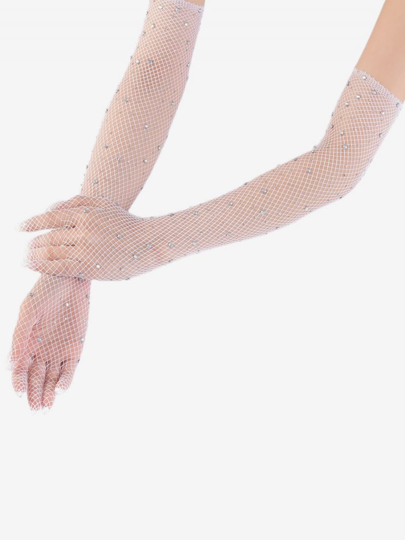 Rhinestone Mesh Arm Sleeve Bling Fishnet Lange Handsker Til Kvinder - Hvid