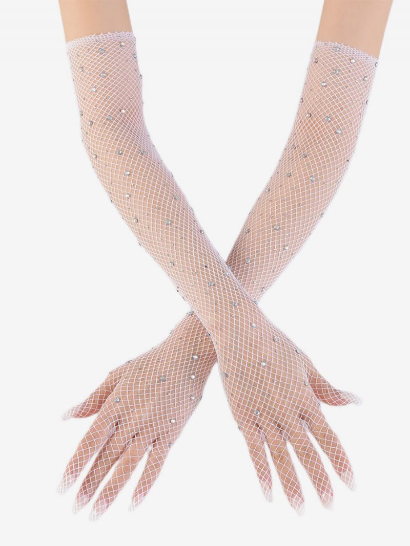 Rhinestone Mesh Arm Sleeve Bling Fishnet Lange Handsker Til Kvinder - Hvid