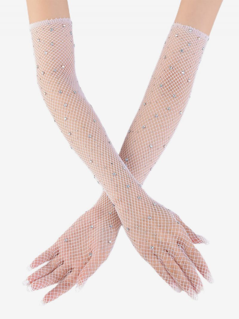 Rhinestone Mesh Arm Sleeve Bling Fishnet Lange Handsker Til Kvinder - Hvid