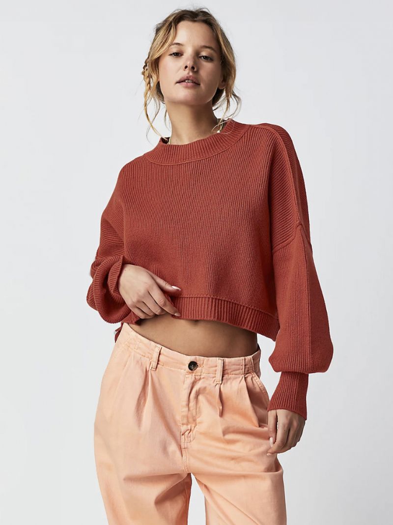 Ribbet Sweater Drop Shoulder Langærmede Slid Crop Top Til Damer