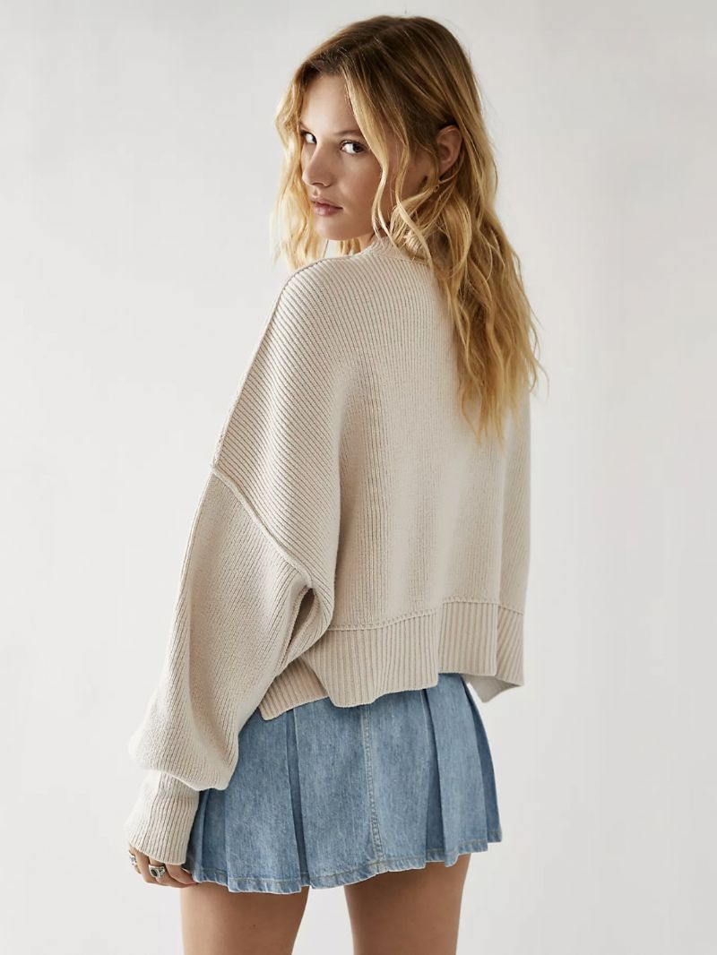 Ribbet Sweater Drop Shoulder Langærmede Slid Crop Top Til Damer - Lysegul