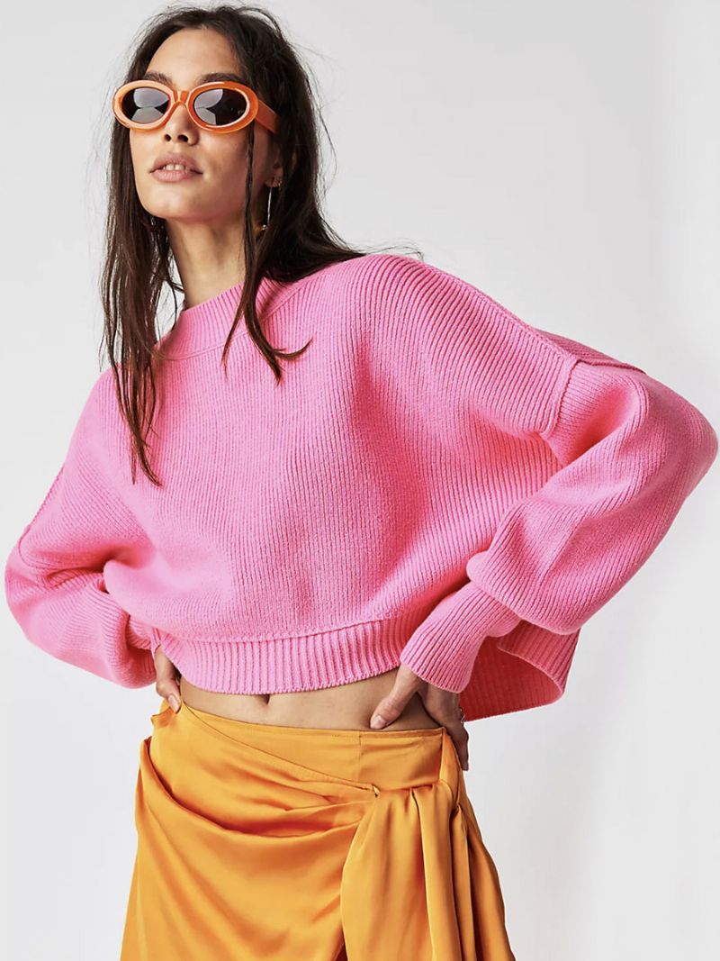 Ribbet Sweater Drop Shoulder Langærmede Slid Crop Top Til Damer - Rose