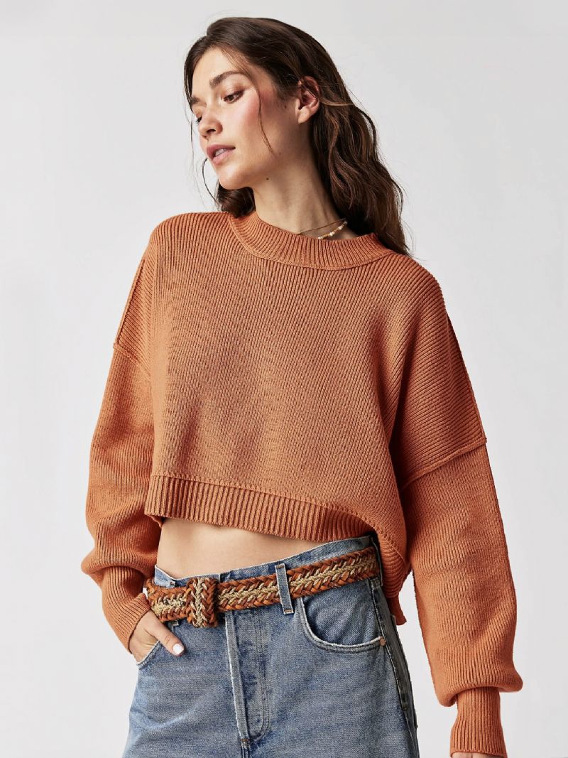 Ribbet Sweater Drop Shoulder Langærmede Slid Crop Top Til Damer - Lysebrun