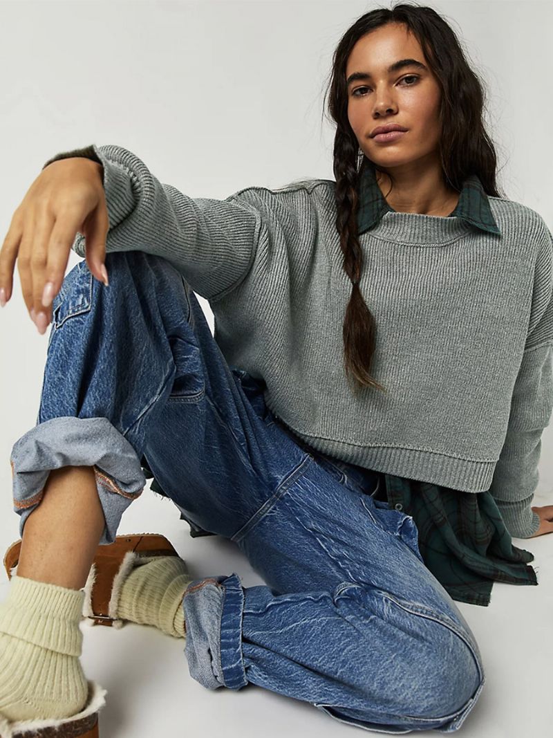 Ribbet Sweater Drop Shoulder Langærmede Slid Crop Top Til Damer - Grå