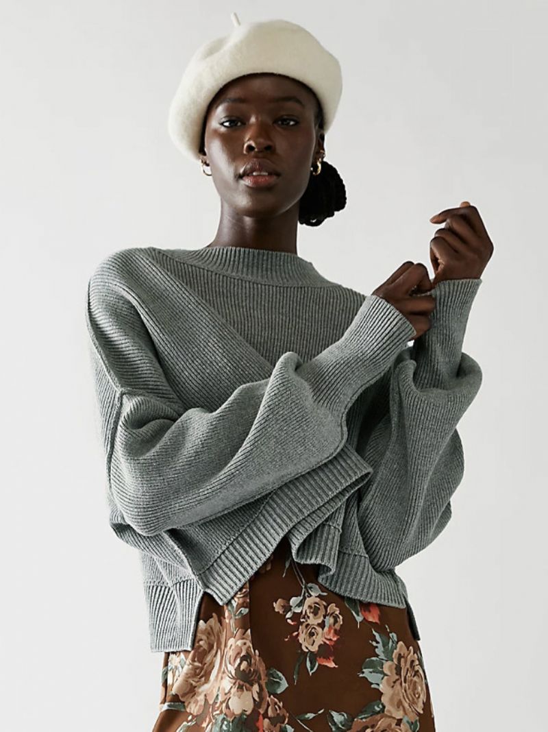 Ribbet Sweater Drop Shoulder Langærmede Slid Crop Top Til Damer - Grå