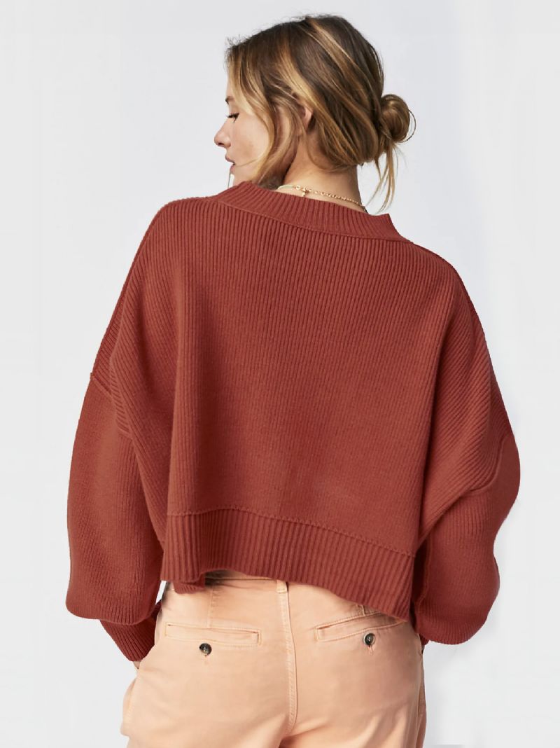 Ribbet Sweater Drop Shoulder Langærmede Slid Crop Top Til Damer - Mahogni