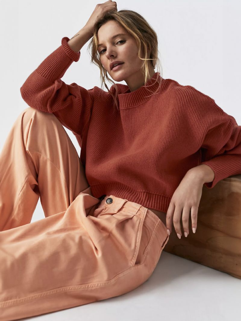 Ribbet Sweater Drop Shoulder Langærmede Slid Crop Top Til Damer - Mahogni