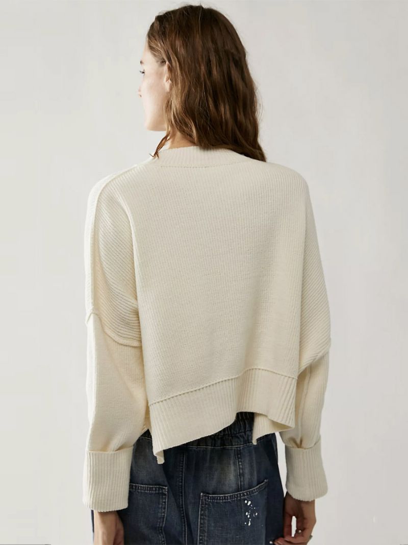 Ribbet Sweater Drop Shoulder Langærmede Slid Crop Top Til Damer - Beige