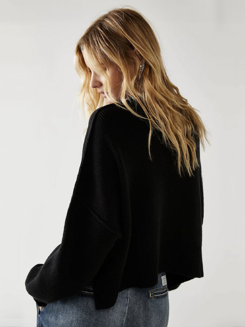 Ribbet Sweater Drop Shoulder Langærmede Slid Crop Top Til Damer - Sort