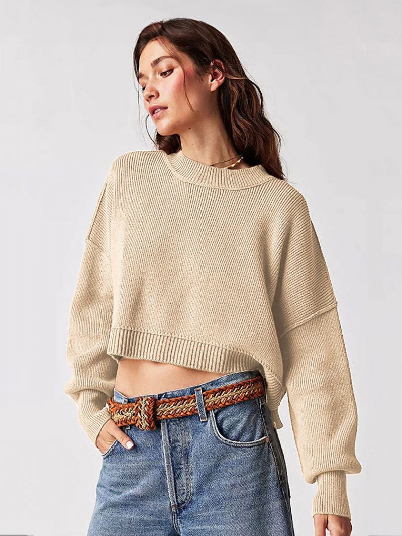 Ribbet Sweater Drop Shoulder Langærmede Slid Crop Top Til Damer - Khaki