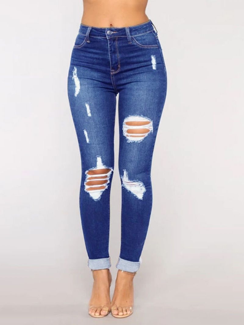 Rippede Jeans High Rise Casual Bomuld Skinny Bottoms Til Kvinder