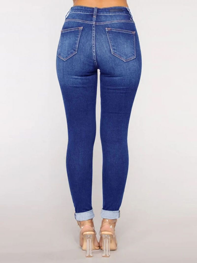 Rippede Jeans High Rise Casual Bomuld Skinny Bottoms Til Kvinder - Blå